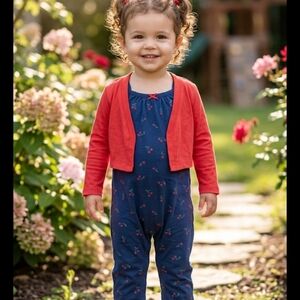 Carter's Navy Blue Cherry One-Piece with Red Cardigan Detail